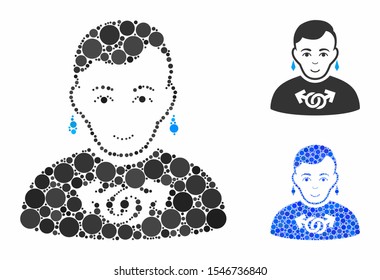 Gay mosaic of round dots in variable sizes and shades, based on gay icon. Vector round dots are united into blue collage. Dotted gay icon in usual and blue versions.
