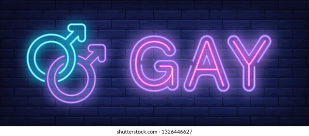 Gay neon text with two coupled male gender symbols. Gender identity design. Night bright neon sign, colorful billboard, light banner. Vector illustration in neon style.