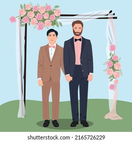 Gay newlyweds flat color vector illustration. Elegant garden ceremony. Gay marriage concept. 