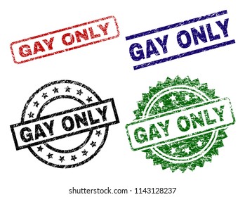 GAY ONLY seal prints with distress style. Black, green,red,blue vector rubber prints of GAY ONLY label with dirty style. Rubber seals with circle, rectangle, rosette shapes.