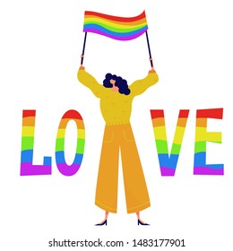 Gay parade. Interracial group of gay, lesbian, transgender activists participating in lgbtq pride. Woman holds a poster with a rainbow. The word love written in the LGBT style. Vector flat.