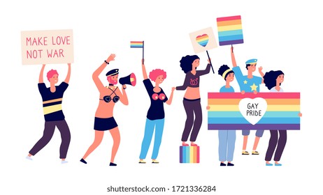 Gay parade. Isolated lgbt people, gay pride. Happy transgender woman, boys and couples with rainbow flags. Bisexual and lesbian festival vector illustration