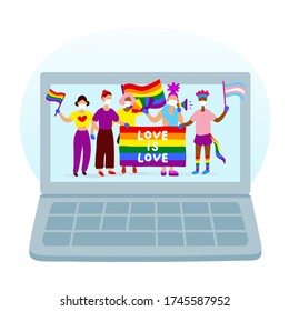 Gay parade on laptop screen. Group of LGBTQ activists, online pride concept. Vector hand drawn character illustration.