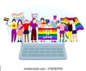 Gay parade on laptop screen. Group of LGBTQ activists, online pride concept. Vector hand drawn character illustration.