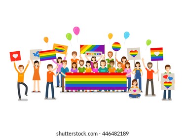 Gay Parade. People With Placards. Sexual Revolution Or Free Love. Holiday, Celebration, Festivity Vector Illustration