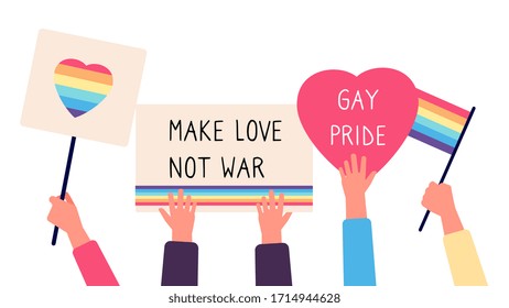 Gay parade placards. Hands holds rainbow flags, hearts and text inspirations. LGBT, gay pride vector illustration