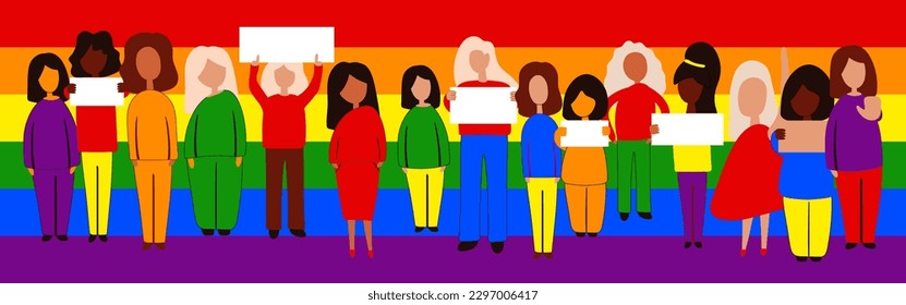 Gay parade.  Pride. Interracial group of gay, lesbian, transgender activists participating in lgbtq pride. Vector flat modern style illustration icon design.