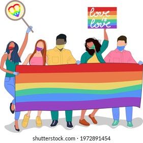 Gay parade.People hold signs, banner and placards with lgbt rainbow and flag during pride month celebration in medical masks. Vector flat illustration. 