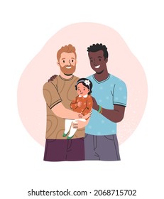 Gay parents concept. Vector cartoon illustration of two handsome diverse embarrassing men holding a child in trendy flat style. Isolated on background