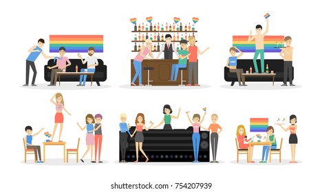 Gay party at bar set. People have fun. Rainbow flag.