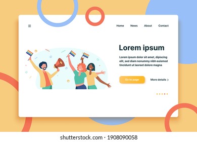 Gay people celebrating pride. Happy man and woman holding rainbow flags and speaker. Flat vector illustration. Parade, homosexuality, community concept for banner, website design or landing web page