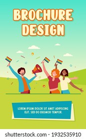 Gay people celebrating pride. Happy man and woman holding rainbow flags and speaker. Flat vector illustration. Parade, homosexuality, community concept for banner, website design or landing web page