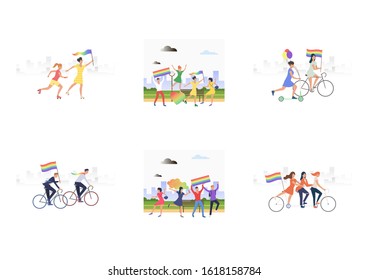 Gay people celebrating pride set. LGBT couples moving with rainbow flags and posters. Flat vector illustrations. Homosexuality, parade, community concept for banner, website design or landing web page