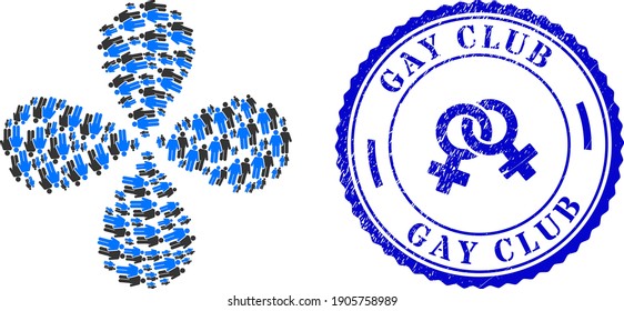 Gay Persons Couple Twirl Abstract Flower, And Blue Round GAY CLUB Dirty Stamp With Icon Inside. Object Flower With 4 Petals Combined From Oriented Gay Persons Couple Symbols.