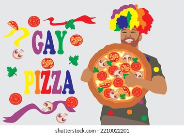 Gay with pizza. A gay man in a rainbow-colored wig holds in 
his hands a round large pizza with mushrooms champignons,
cheese, sausage and tomatoes. Vector illustration.