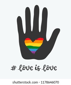 Gay poster with rainbow heart in hand. LGBT rights concept. Love is love. Pride spectrum flag, homosexuality, equality emblem. Parades event announcement banner, placard typographic vector design.