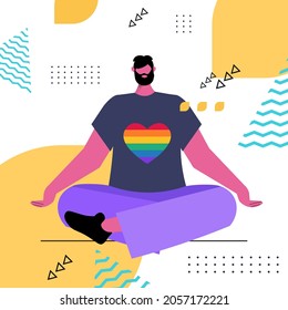 gay practicing yoga exercise in lotus pose LGBT parade pride festival transgender love concept