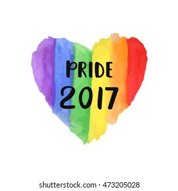 Cartaz criativo Gay Pride 2017. Lettering mão em aquarela brilhante coração do arco-íris, emblema da homossexualidade. Conceito de direitos LGBT. Banner anúncio de desfiles, cartaz, design tipográfico de cartão de convite