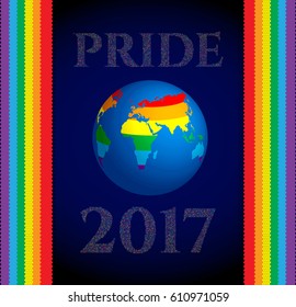 Gay Pride 2017 poster rainbow spectrum flag, homosexuality. LGBT community rights concept. Cartoon parade announcement banner, placard, invitation card. Vector illustration.