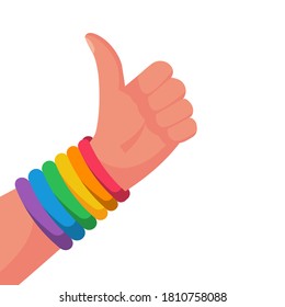 Gay pride concept. Hand makes like. Bracelet with a rainbow flag LGBT pride. Vector illustration flat design. Isolated on white background.