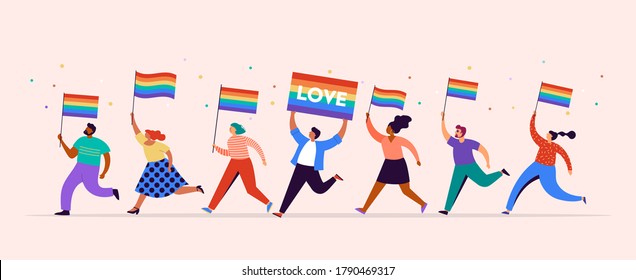 Gay Pride Concept Illustration. Group Of People Marching, Men And Women Walking With Rainbow Flags. Parade To Support Gay Rights