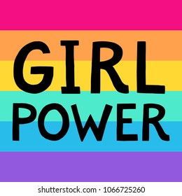 Gay pride flag background with hand written slogan "Girl Power" on it.