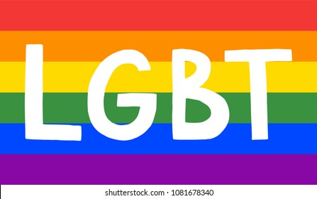 Gay pride flag background with hand written letters LGBT on it.