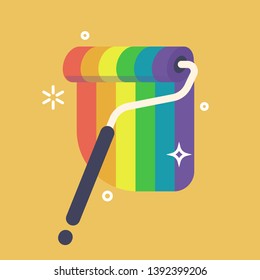 Gay pride flag being painted with paint roller. Cheerful vector flat design element on LGBTQ movement