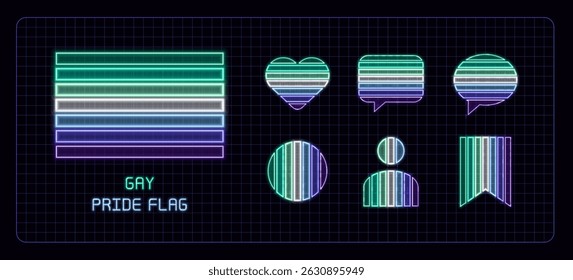 Conjunto de iconos de bandera del orgullo gay, imágenes de neón brillante. Bandera del mes del orgullo, tema de la Orientación sexual.