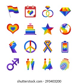 Gay Pride Icon Set. Included The Icons As Flag, Heart, Power, Sex, Global, Rainbow And More.