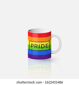 Gay Pride lettering and lgbt rainbow spectrum flag on ceramic mug template. Homosexuality emblem on porcelain cup mock up. LGBT rights concept. Modern parades paraphernalia design