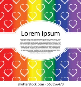 Gay Pride lettering on Valentines card. LGBT rights concept. White hearts on LGBT flag background with oval text frame.