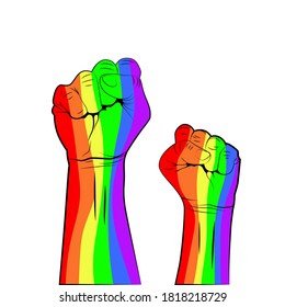 Gay Pride. LGBT concept. Rainbow colored hand with fist raised up isolated on white background. Vector