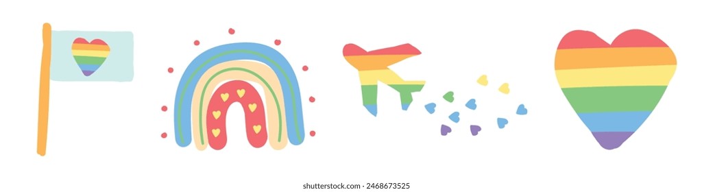 Gay Pride or LGBT Happy Pride Month sticker design. Diverse Cartoon Stickers with LGBTQ Rainbow Motifs. A set of color illustrations on the theme of lgbt: flag of hearts, rainbow. Design for decor.