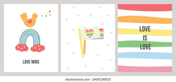 Orgullo Gay o Mes del Orgullo LGBT Feliz. Conjunto diverso de tarjetas de ilustración de dibujos animados de Vector. Motivos de arco iris LGBTQ. Diseño para la decoración. bandera lgbt y un pájaro cantando