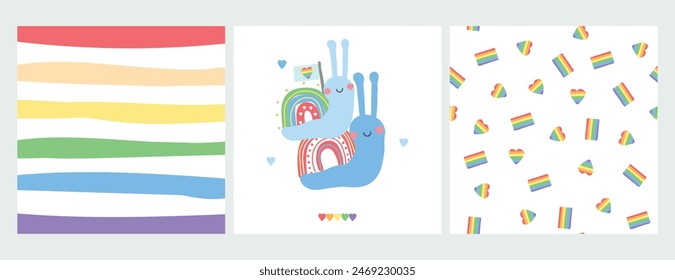 Orgullo Gay o Mes del Orgullo LGBT Feliz. Conjunto diverso de tarjetas de ilustración de dibujos animados de Vector. Motivos de arco iris LGBTQ. Diseño para la decoración. Caracoles y patrón sin costuras.