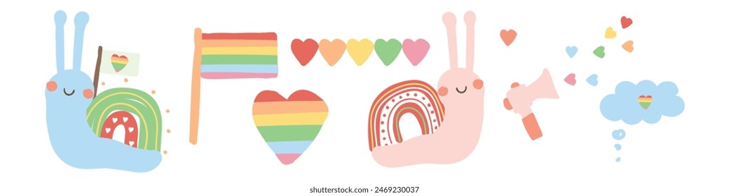 Orgullo Gay o LGBT Feliz Mes del Orgullo diseño de pegatinas. Diversos stickers de dibujos animados con motivos LGBTQ de arco iris. Un conjunto de ilustraciones en color de lgbt: bandera, corazones, arco iris, caracoles. Diseño para la decoración.