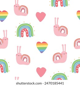 Orgullo Gay o Mes del Orgullo LGBT Feliz. Tarjeta diversa de la ilustración de la historieta del Vector. Motivos de arco iris LGBTQ. Diseño para la decoración. Caracoles y patrón sin costuras