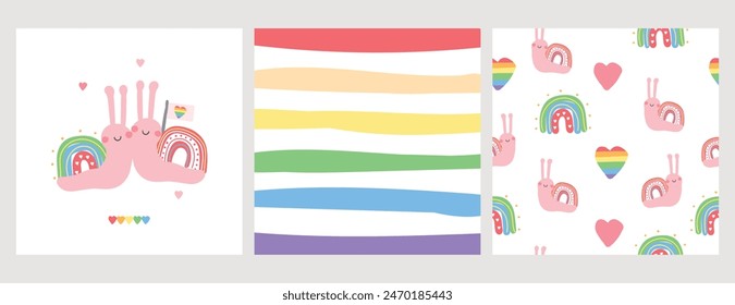 Orgullo Gay o Mes del Orgullo LGBT Feliz. Conjunto diverso de tarjetas de ilustración de dibujos animados de Vector. Motivos de arco iris LGBTQ. Diseño para la decoración. Caracoles y patrón sin costuras