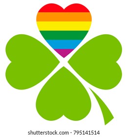 Gay pride lucky clover with the LGBT movement flag color in a heart - symbol for love, luck, tolerance and peace - isolated illustration on white background.