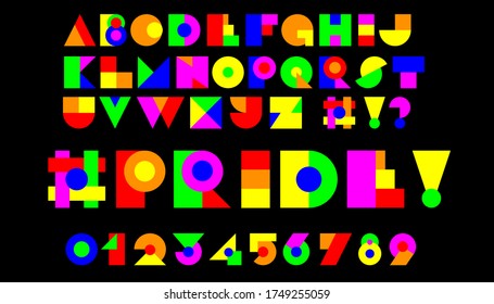 Gay Pride message with social media hashtag in colorful 80's style block segment font