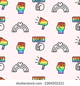 Antecedentes del mes del Orgullo Gay. Patrón sin brillo con elementos de doodle y arcos de bandera del espectro del arco iris. Concepto de derechos LGBT. Afiche de desfiles modernos, pancarta, diseño de tarjetas de invitación