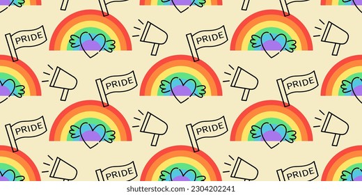 Antecedentes del mes del Orgullo Gay. Patrón sin brillo con elementos de doodle y arcos de bandera del espectro del arco iris. Concepto de derechos LGBT. Afiche de desfiles modernos, pancarta, diseño de tarjetas de invitación