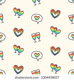 Gay Pride month banner background. Seamless pattern with doodle elements and spectrum flag rainbows. LGBT rights concept. Modern parades poster, placard, invitation card design