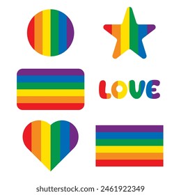 Conjunto de símbolos arcoíris del mes del orgullo gay. Ilustración vectorial plana aislada. Bandera corazón amor círculo objetos de la estrella.