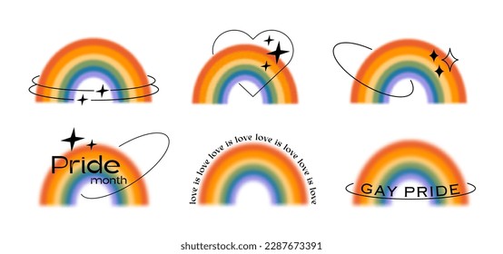 Gay pride month. Retro vector set of blurry rainbows aura with abstract linear shapes and typography. Queer love symbol. LGBTQ logo in trendy y2k style. Minimalist gradient elements with text.