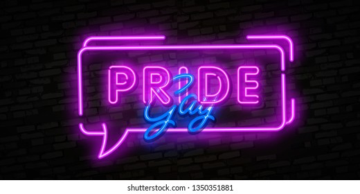 Signo de neón del Orgullo Gay. Diseño LGBT de plantilla de neón, banner de luz, rótulo de neón, publicidad nocturna brillante, inscripción ligera. Ilustración vectorial. Editar signo de neón de texto