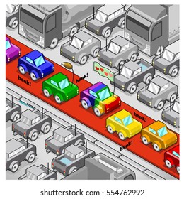 Gay pride parade with little honking rainbow cars on red carpet, boring gray cars as onlookers (isometric vector)
