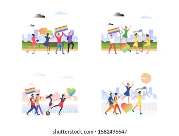 Gay pride parade set. LGBT people walking with rainbow placards, hearts, flags. Flat vector illustrations. Pride march concept for banner, website design or landing web page