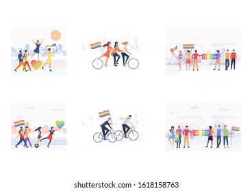 Gay pride parade set. LGBT people moving with rainbow hearts and flags. Flat vector illustrations. Community, tolerance, support concept for banner, website design or landing web page